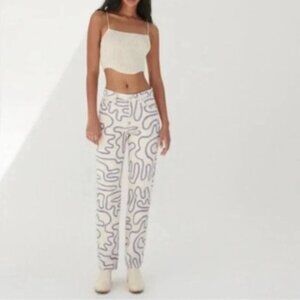 ZARA Printed Blue Squiggle Graffiti Pattern High Rise Straight Leg Jeans